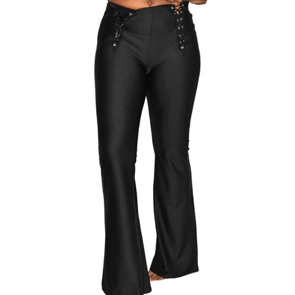 Dolls Kill Flare Pants Black Lace Up Shiny Stretch High Waist Grommet Size Small - Picture 1 of 16
